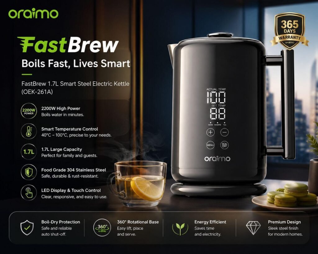 Oraimo FastBrew 1.7L Smart Steel Electric Kettle Price in Bangladesh
